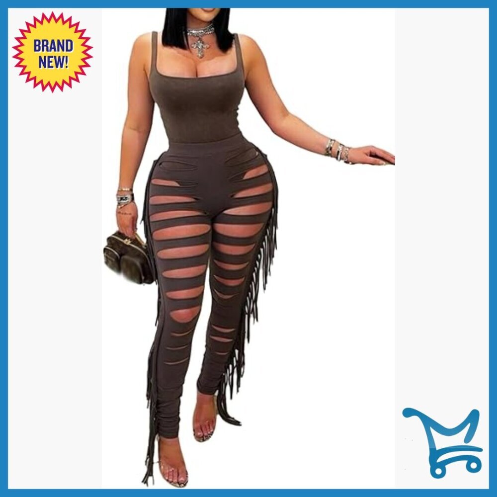 Sexy Two Piece Set Bodysuit Top Hollow Pants Club Outfit Size Large